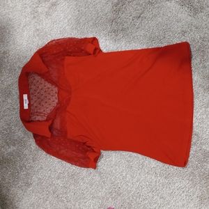 Red Mesh Neckline V neck Blouse